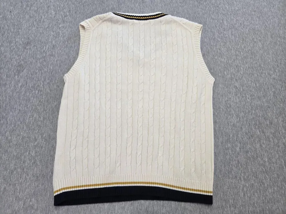 Uniqlo Sweater Vest Mens Large White Cable Knit V Neck Pullover Striped Trim